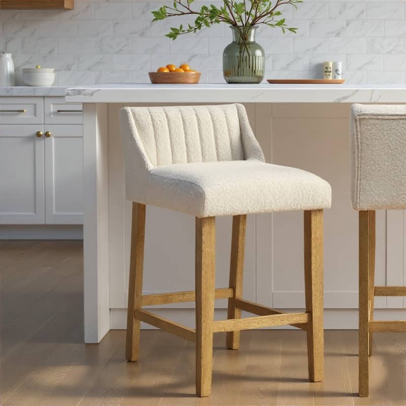 Fauna Low-Back Boucle Bar Stool, Upholstered Counter Height Kitchen Barstool with Wood Legs