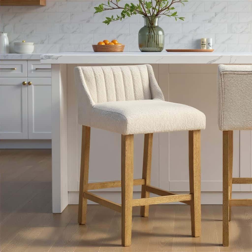 Fauna Low-Back Boucle Bar Stool, Upholstered Counter Height Kitchen Barstool with Wood Legs