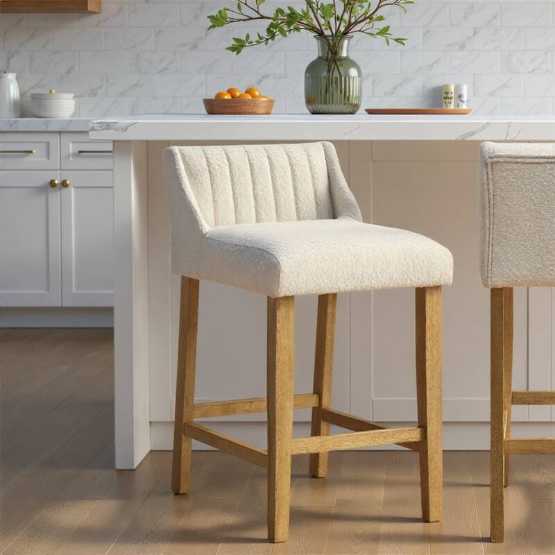 Fauna Low-Back Boucle Bar Stool, Upholstered Counter Height Kitchen Barstool with Wood Legs - Single - White/Amber Glow - Counter Height