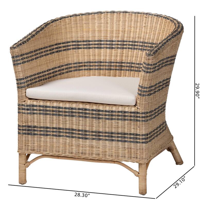 Elda Natural Rattan Accent Chair - Wicker Barrel-Back Chair with Two-Tone Woven Stripes and Cushion, Coastal Boho Style Seating