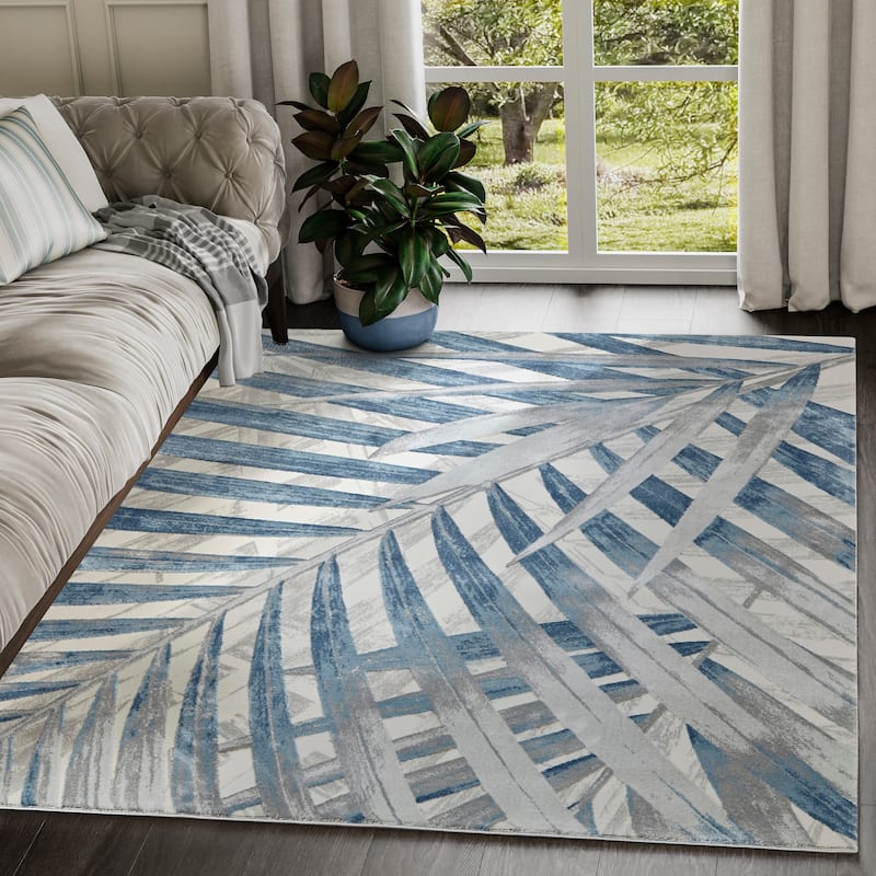 Blue Tropical Leaves Grey Blue Area Rug - 5'3" x 7'6"