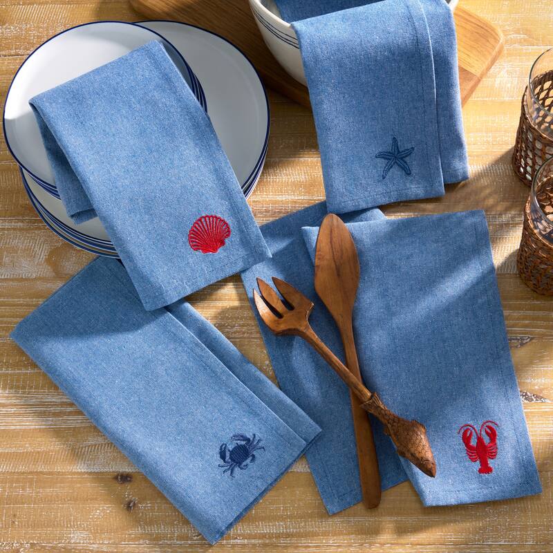 Coastal Embroidered Napkins, Set of 4 - 17x17