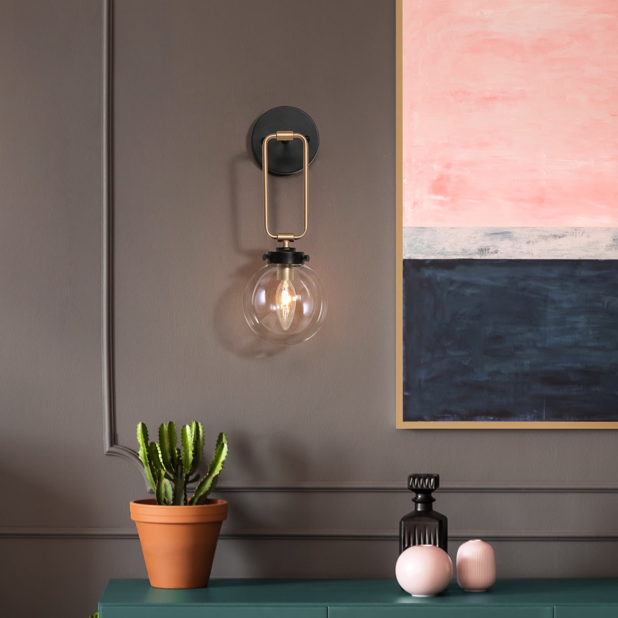 Modern Farmhouse 1-Light Globe Glass Black Brass Bathroom Sconce Entryway Wall Lamp - L5" x W7" x H14.5"