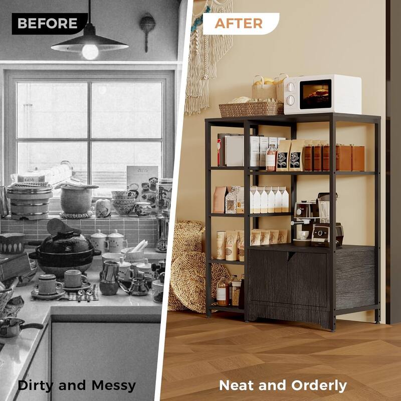 Bakers Rack with Storage Cabinet, 5 - Tier Coffee Bar with Shelves