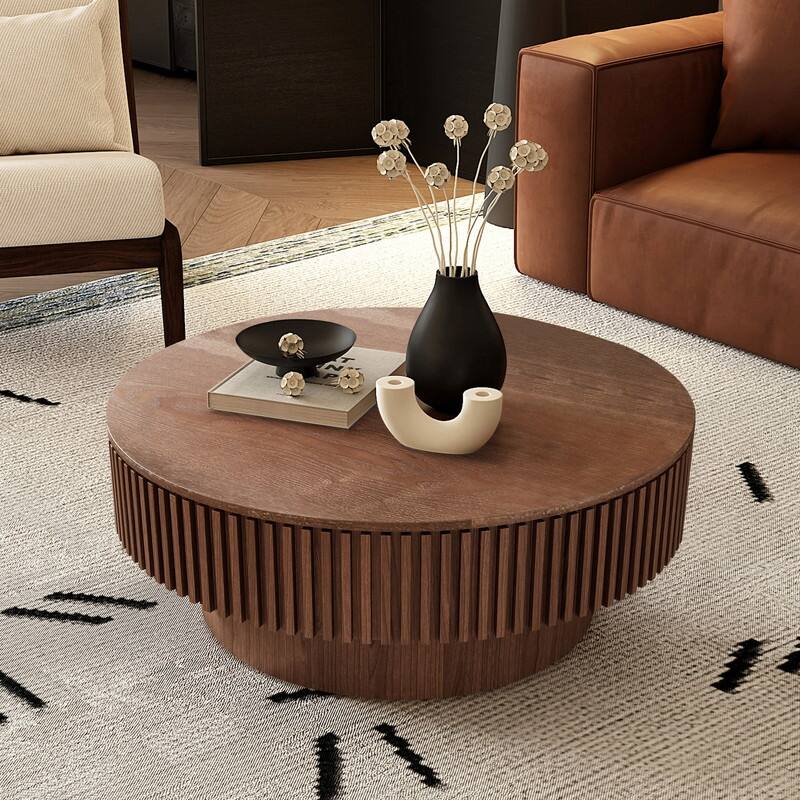 Modern 31.5" Round Coffee Table with Storage Solid Wood Veneer for Living Room and Bedroom Use - Walnut