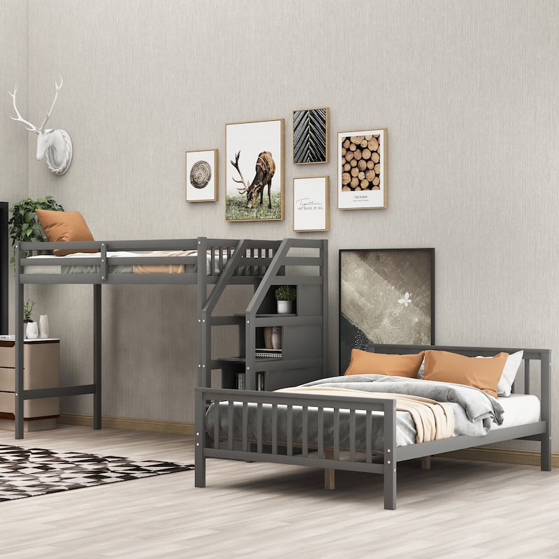 Modern Twin Over Full Loft Bed with Staircase and Integrated Storage