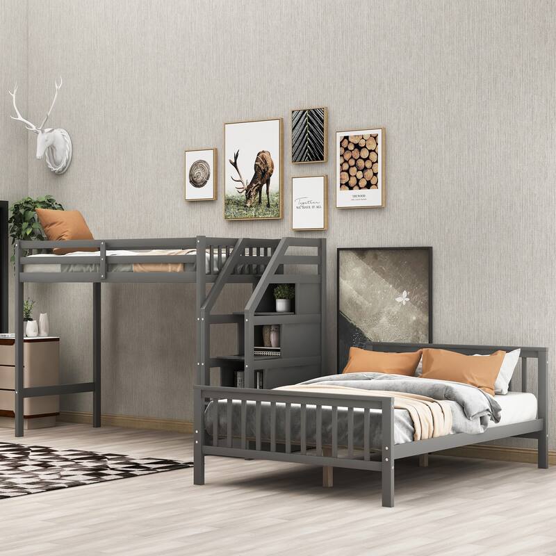 Twin Over Full Loft Bed with Staircase and Storage, Space-Saving Design