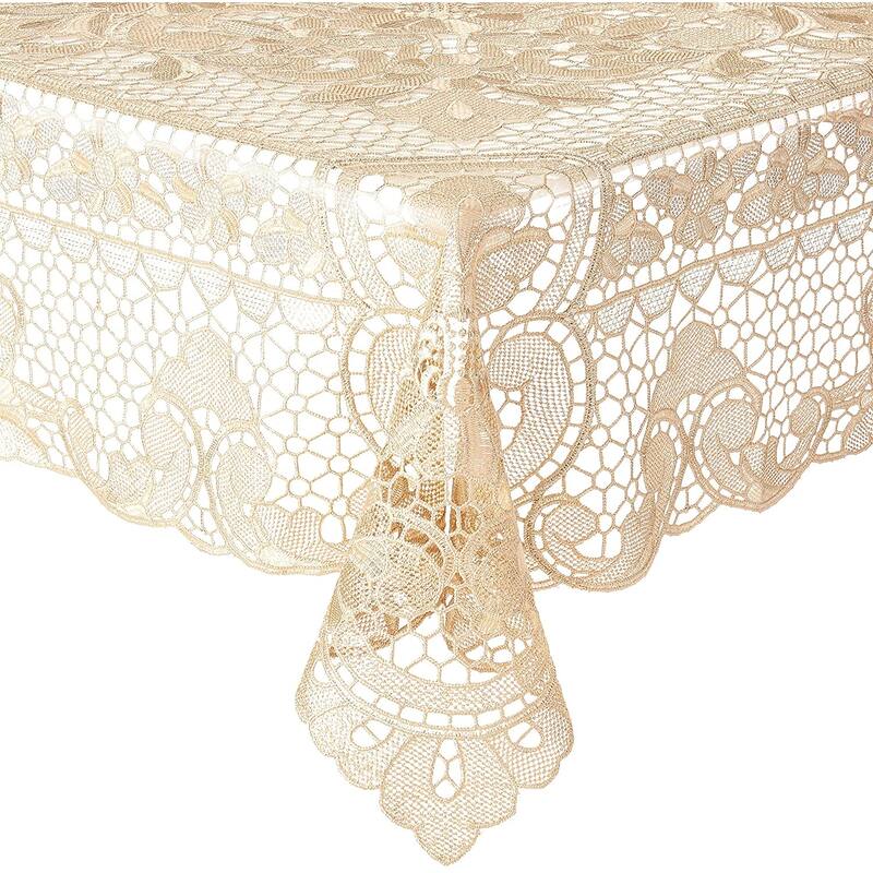 Violet Linen Crystal Embroidered Vintage Lace Pattern Tablecloth - 70" X 160"