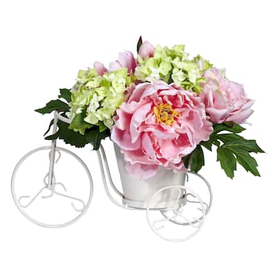 Silk Flower Arrangement Tricycle Planter - Peony Floral Decor Home Garden - 9.5