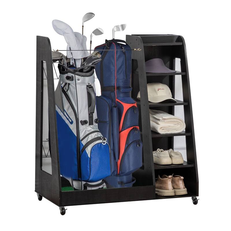 Premium Wooden Golf Clubs Storage Rack Fit 2 Golf Bags - Black