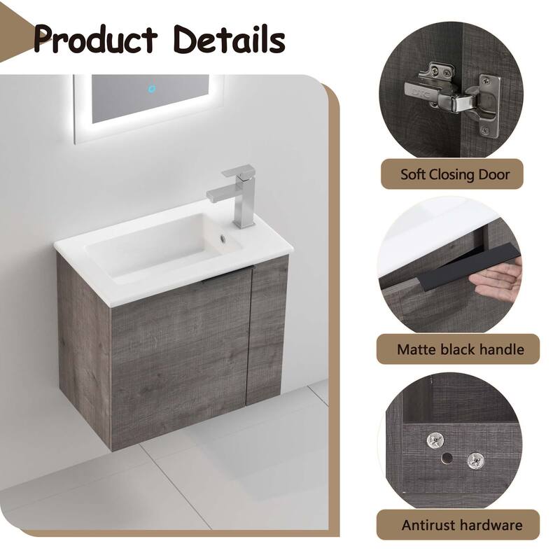 22 inch Plywood Wall-Mounted Bathroom Vanity in Grey Oak with Integrated Ceramic Sink in White with Soft Closing Door