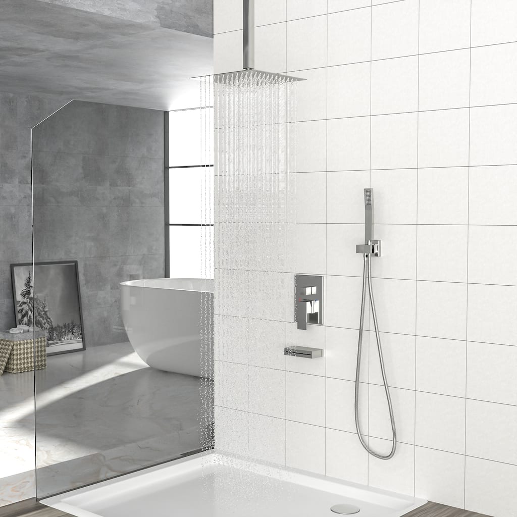 Shower System with Waterfall Tub Spout,12 Inch Wall Mounted Square Shower System with Rough-in Valve, Brushed Nickel On-Site