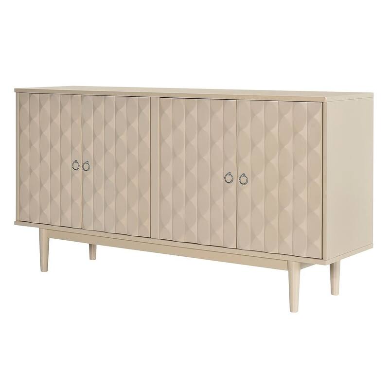 60" Modern 4-Door with Convex Pattern Doors and Silver Handles Buffet/Sideboard