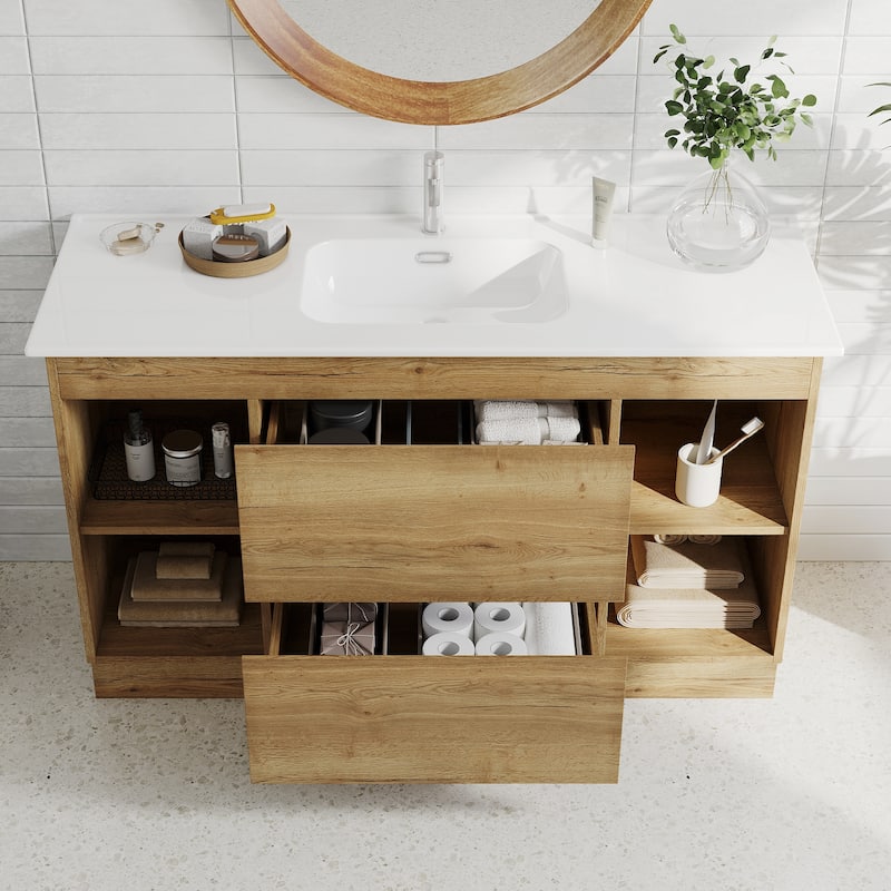 47"Mid Century Single Bathroom Vanities with Sink, White Vanities with 2 Drawers and 4 Shelves