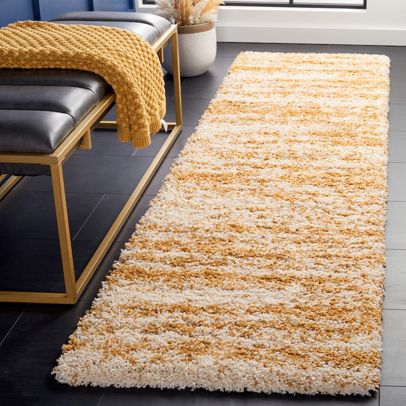 SAFAVIEH Hudson Shag Lulzime Modern Abstract 2-inch Thick Rug - 2'3" x 8' Runner - Ivory/Gold - Runner