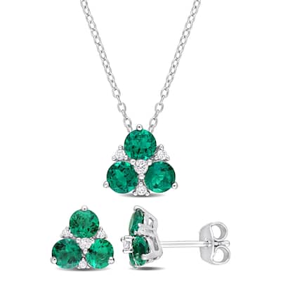 Miadora 2 4/5ct TGW Created Emerald & Created White Sapphire 3-Stone Earrings & Necklace Set Sterling Silver