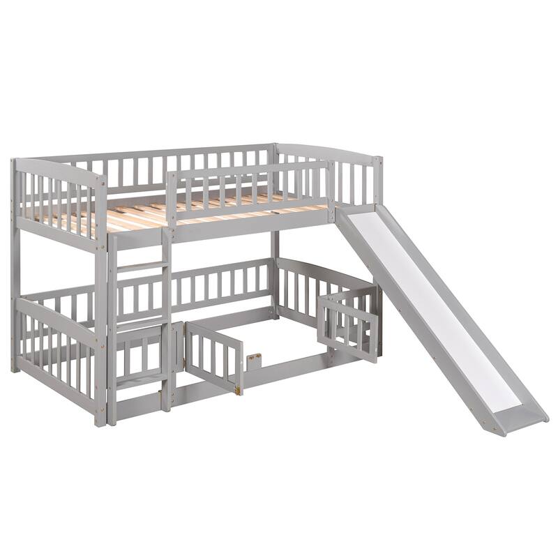 Twin Over Twin Low Bunk Bed with Slide, Fence, and Ladder for Kids and Teens, Grey