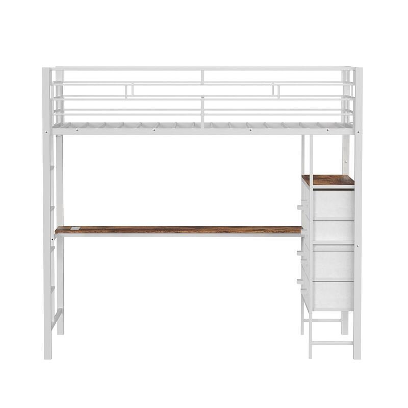 Metal Loft bed with 1 Desk,7 drawers,LED Light,Charging Sockets and Ladder