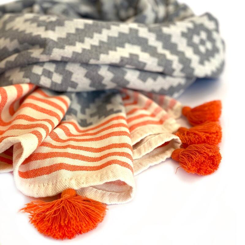 HomeRoots 39" X 71" Gray and Orange Cotton Geometric Turkish Towel Throw Blanket with Tassels