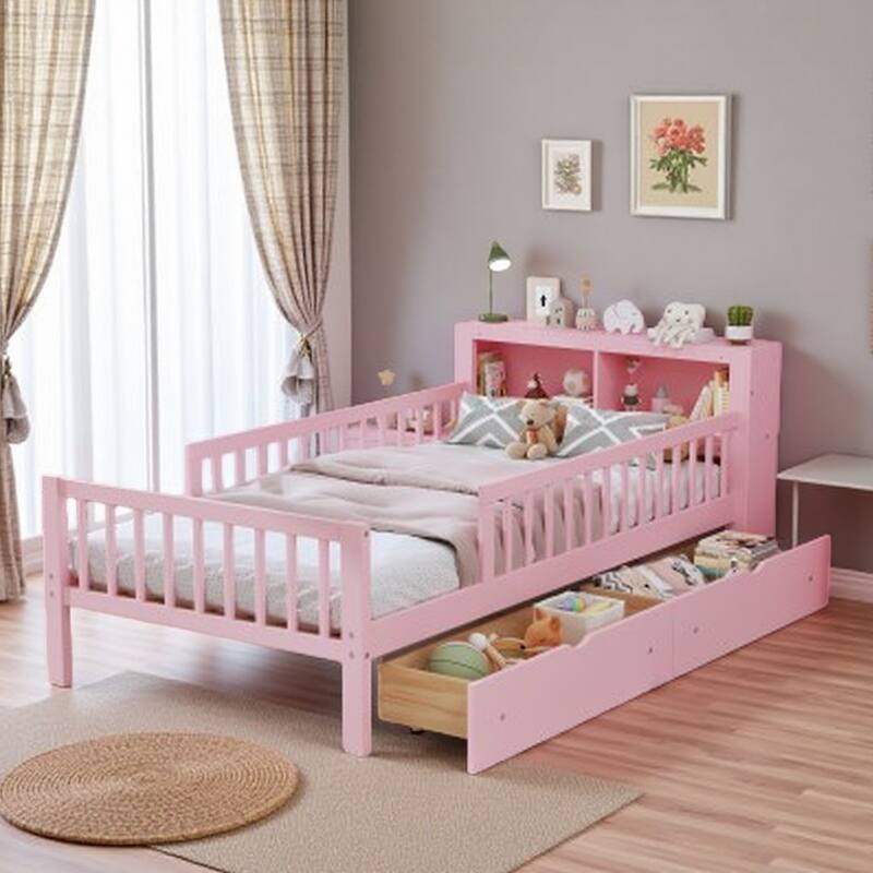 Twin Size Platform Bed with Built-In Headboard Shelves, Safety Guardrails & 2 Storage Drawers, Space-Saving Wood Frame - Pink