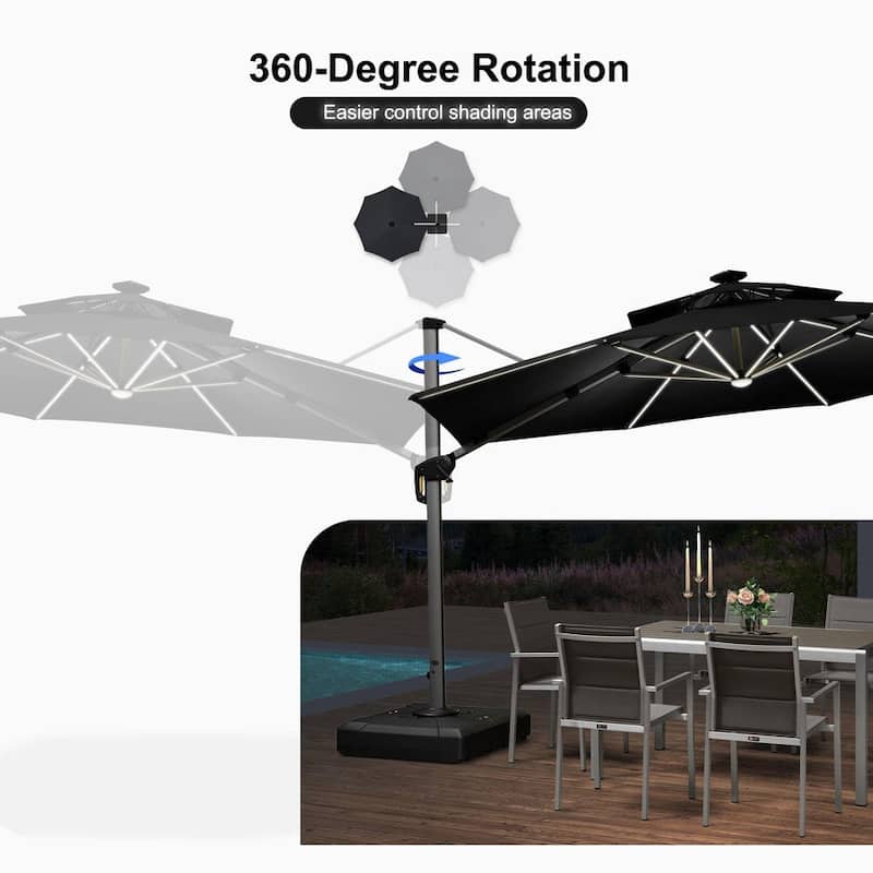 PURPLE LEAF 12 ft Double Top LED Round Patio Cantilever Umbrella