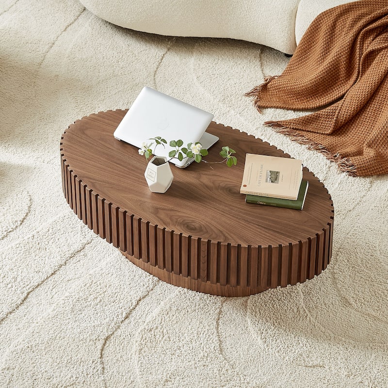 Handcraft Coffee Table Dining Table with Wood Relief, Oval End Table Accent Table with Sturdy Pedestal