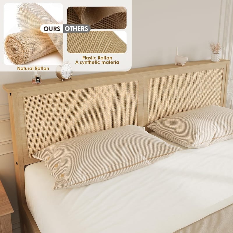 Cane Bed Frame with 2 Storage Drawers and Strong Wood Slats Support