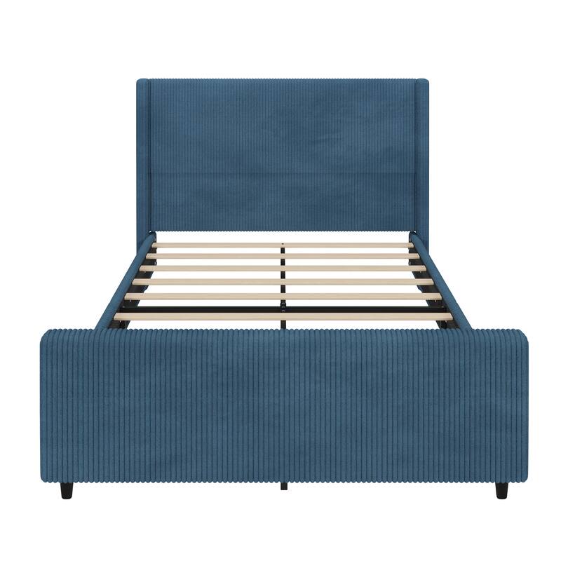 Queen Size Corduroy Upholstered Platform Bed with Vertical Stripe Wingback and High Footboard