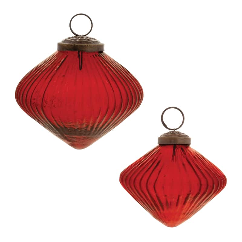 Glass Ribbed Diamond Ornaments with Brass Caps Set of 12 - 3.5” x 3.5” x 3” (L x W x H) - White/Red