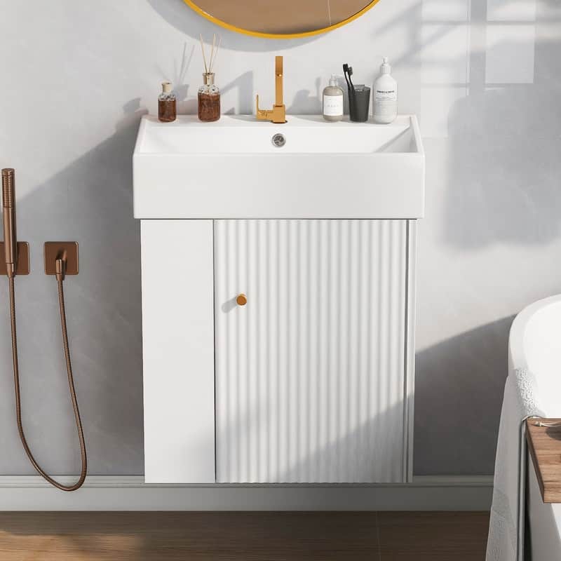 21.6" Floating Bathroom Vanity with Ceramic Basin ,Left Side Storage