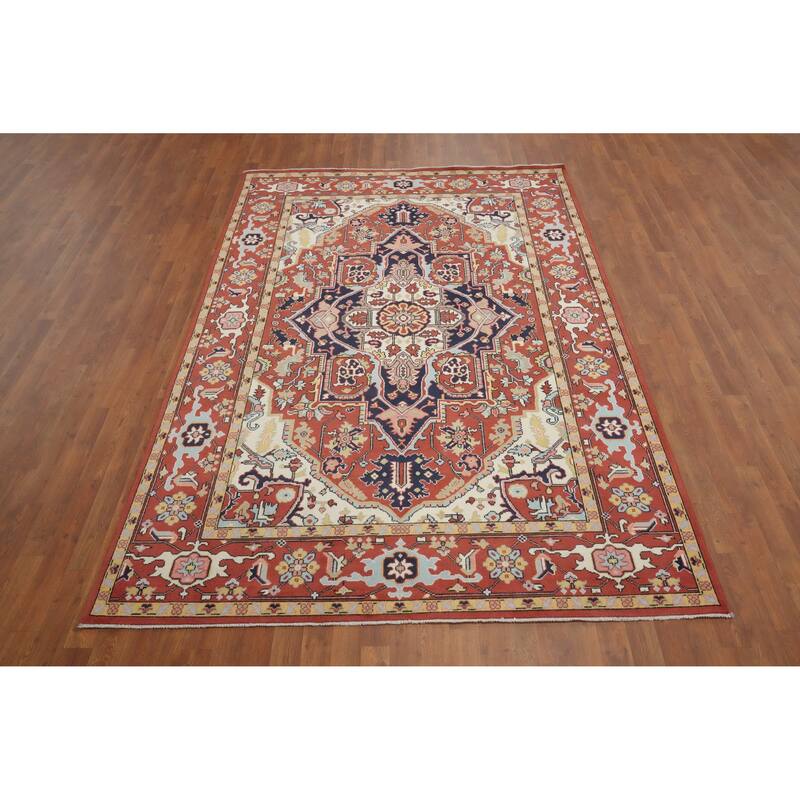 Hand Knotted Oriental 100% Wool Carpet Traditional Medallion Oranges & Rust Heriz (serapi) Area Rug - 9' 1'' X 6' 2''