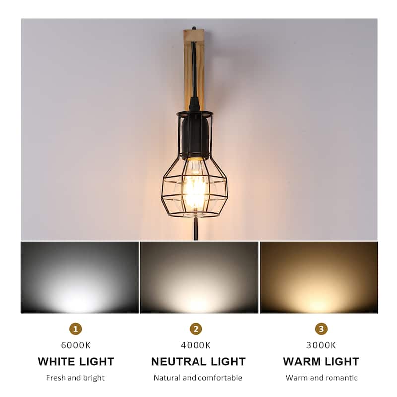 Modern Industrial Plug in Cord Cage Wall Lamp Lift Pipe - Black Wood Retro Rustic Pendant Lamp Adjustable Hanging Wall Light