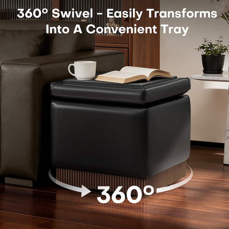 Swivel Storage Ottoman Bench Footstool with Flip-top and Acacia Frame