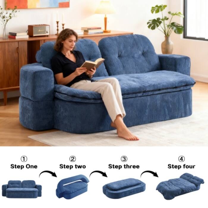 Modern Convertible Floor Sofa Bed with Corduroy Cushion, 2 Pillows & No Assembly