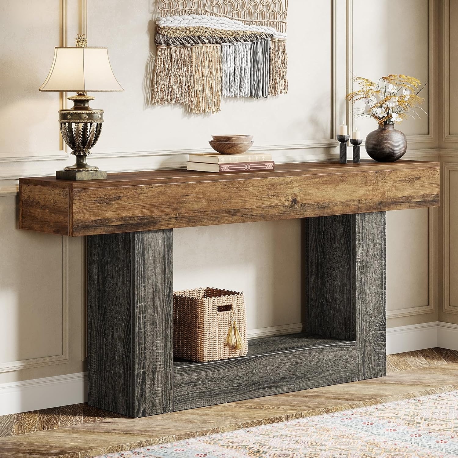 63" Farmhouse 2-Tier Rustic Console Table with Storage Shelf & U-Shaped Gray Base