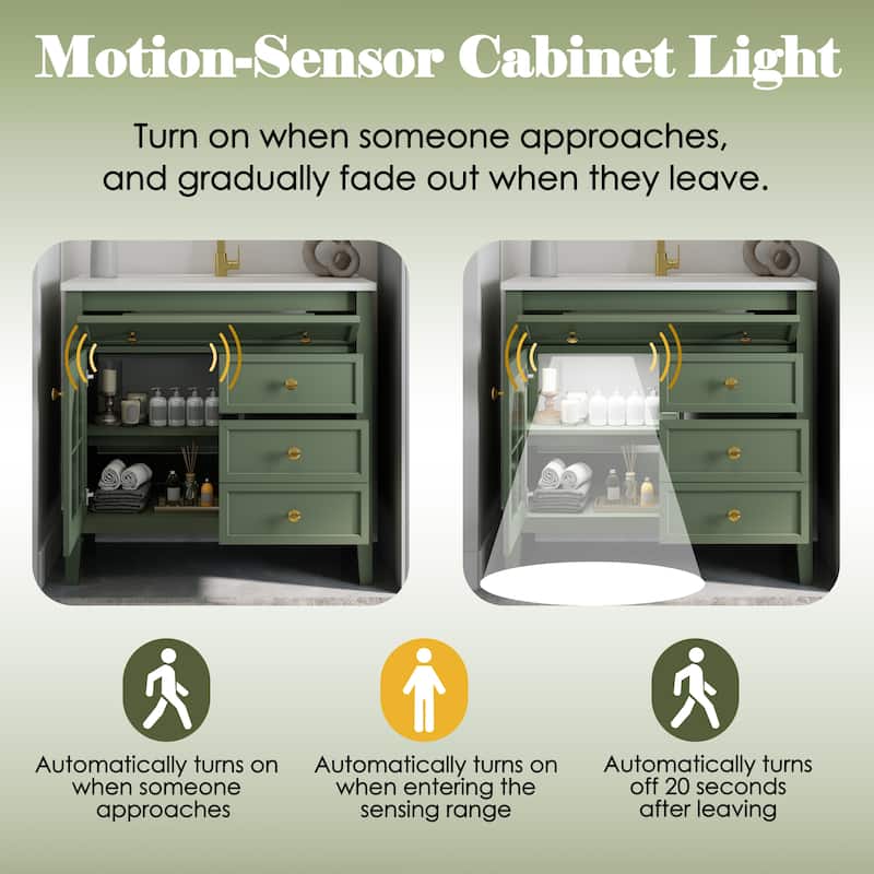 35.6" Mid-Century Bathroom Vanity Sink with Patterned Glass & Motion-sensor Light Strip, Freestanding