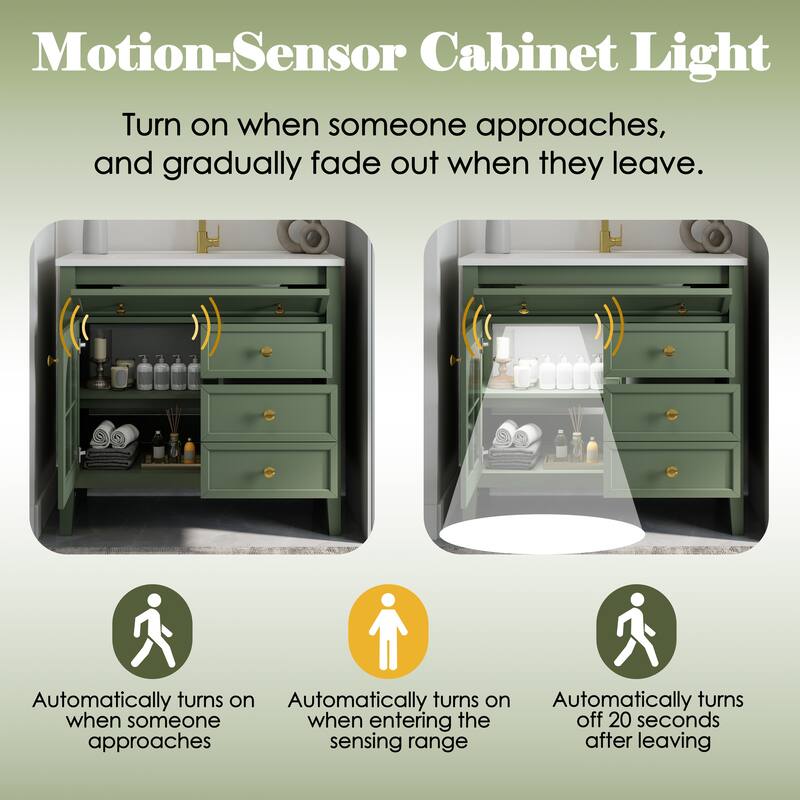 Freestanding 36" Bathroom Vanity Sink Cabinet with Motion-sensor Light Strip, Patterned Glass & Drawers