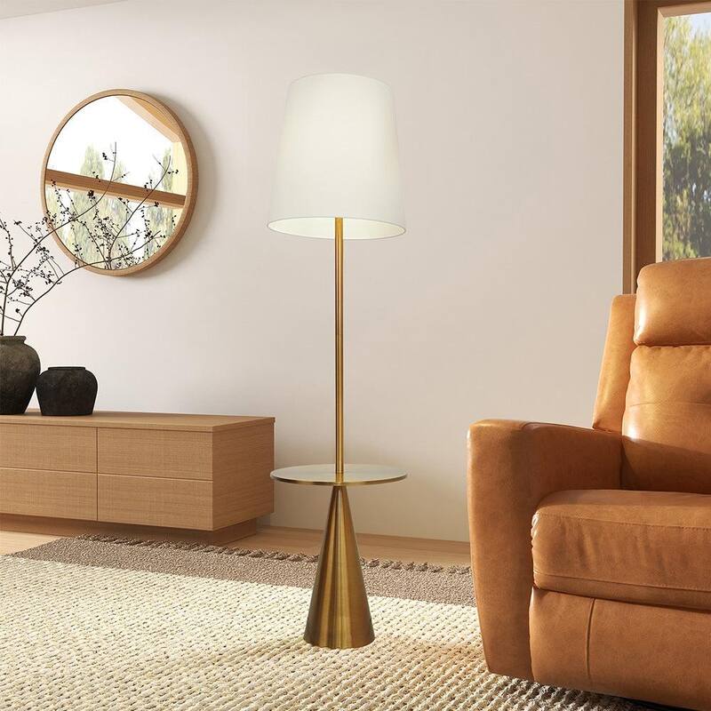 Celestial Modern Floor Lamp with Brass Accent Table with Large White Shade - Gold,White - Gold,White