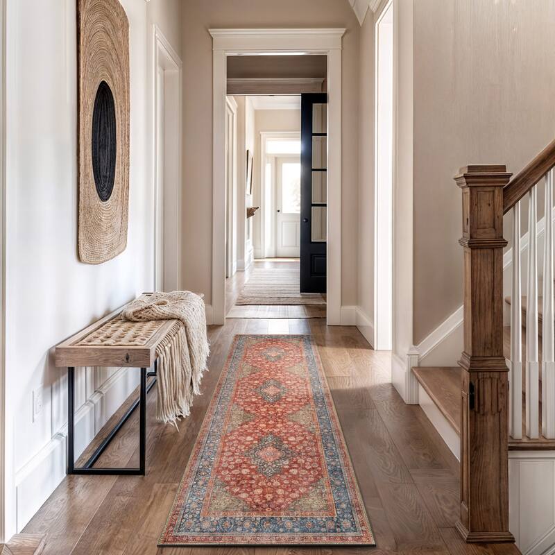 Black Traditional Flat Pile Rug - Washable and Pet Friendly, Non-Slip Surface - Red - 2'6" x 8'