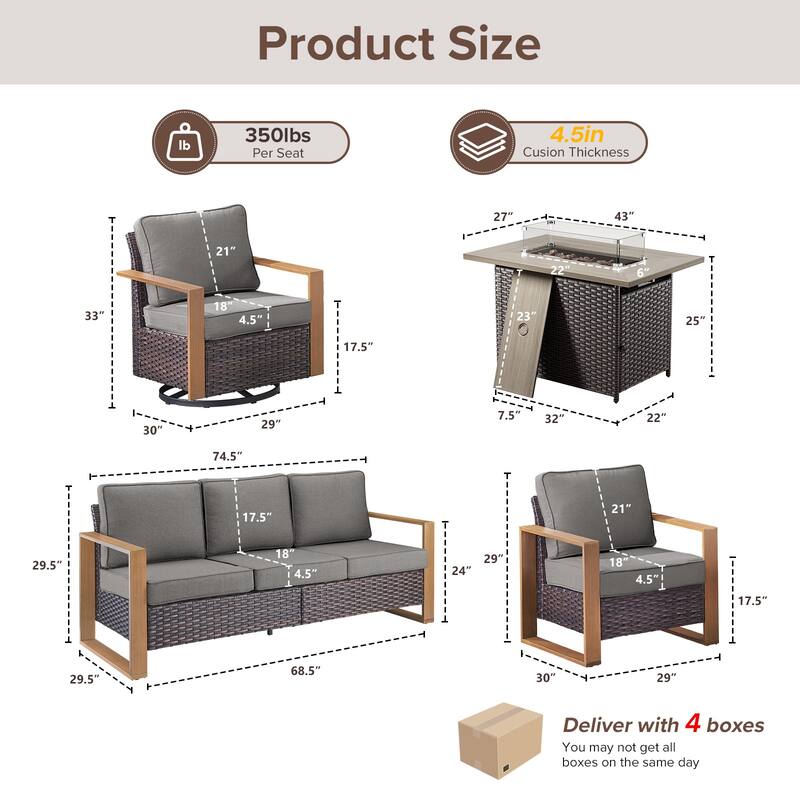 Meyreso Wicker Outdoor Patio Fire Pit Set with Swivel Gliders and Olefin Cushions