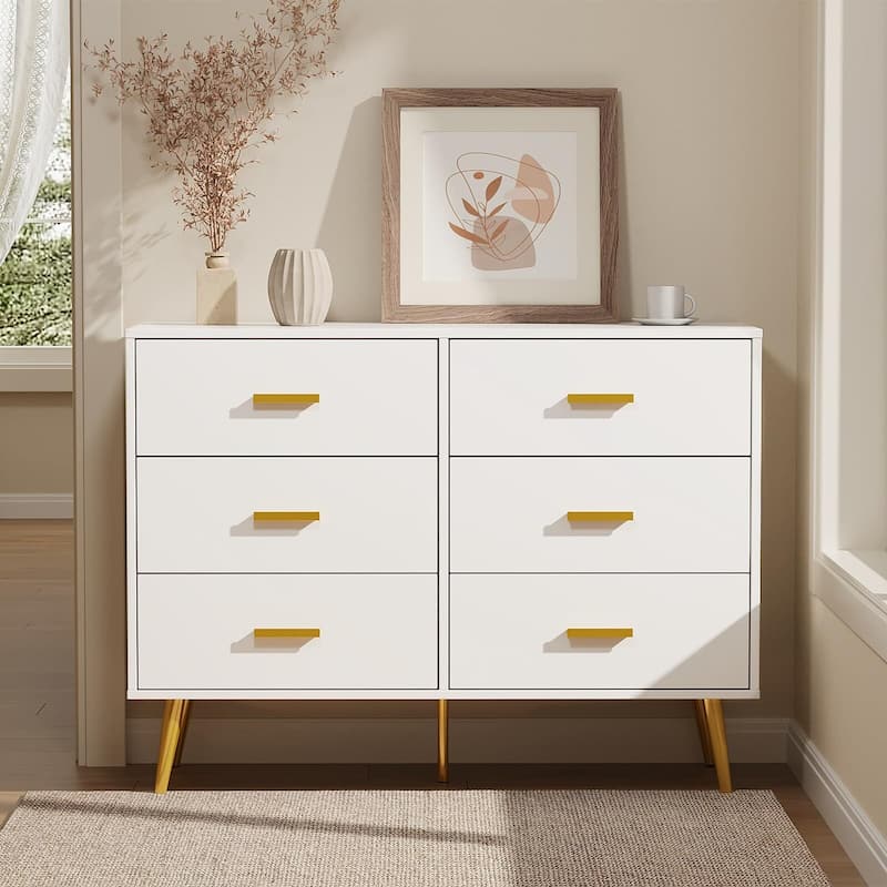 Modern 6 Drawer Dresser in White and Black, Featuring Gold Handles, Wide Wooden Drawers for Bedroom