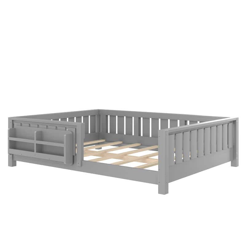 Low Profile Montessori Bed Floor Platform Bed with Fence and Bookshelf