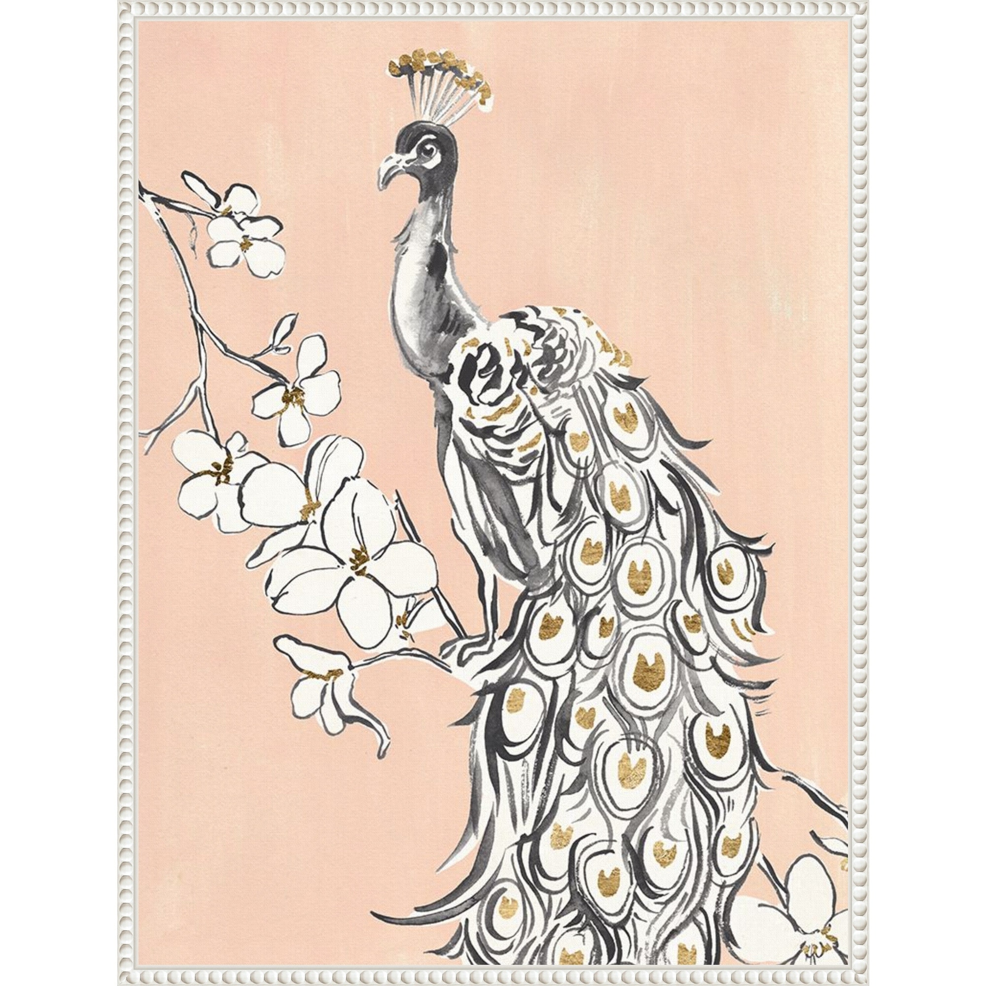Beige Peacock II by Annie Warren Framed Canvas Wall Art Print - Sylvie Beaded White
