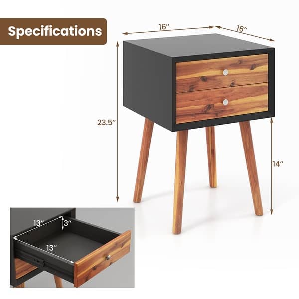 dimension image slide 2 of 3, Costway End Table W/Drawers and Storage Wooden Mid-Century Accent Side