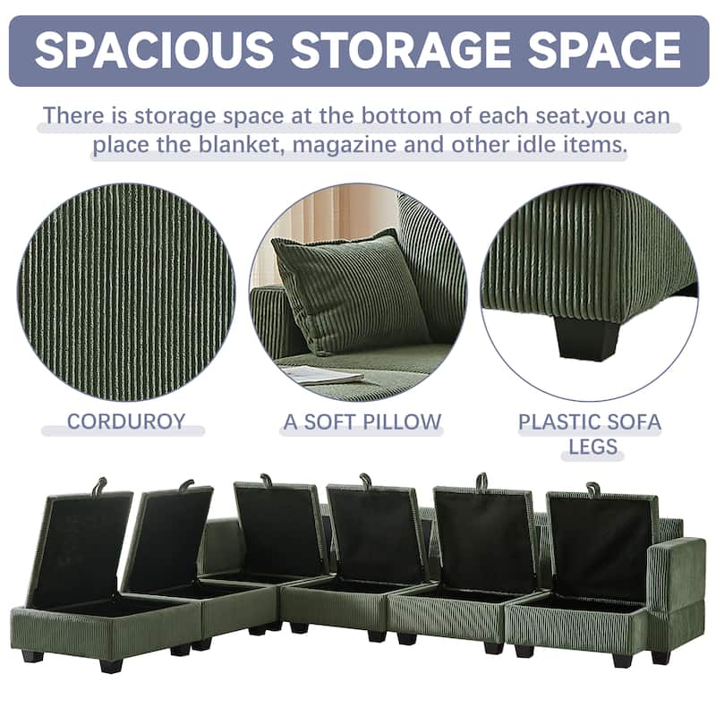 113.5" Corduroy U-Shaped Sectional Sofa with Ottoman