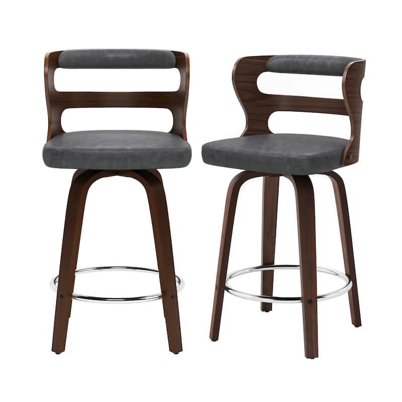 LUE BONA 26" Walnut and Faux Leather Swivel Counter Bar Stools With Backs - 26" H