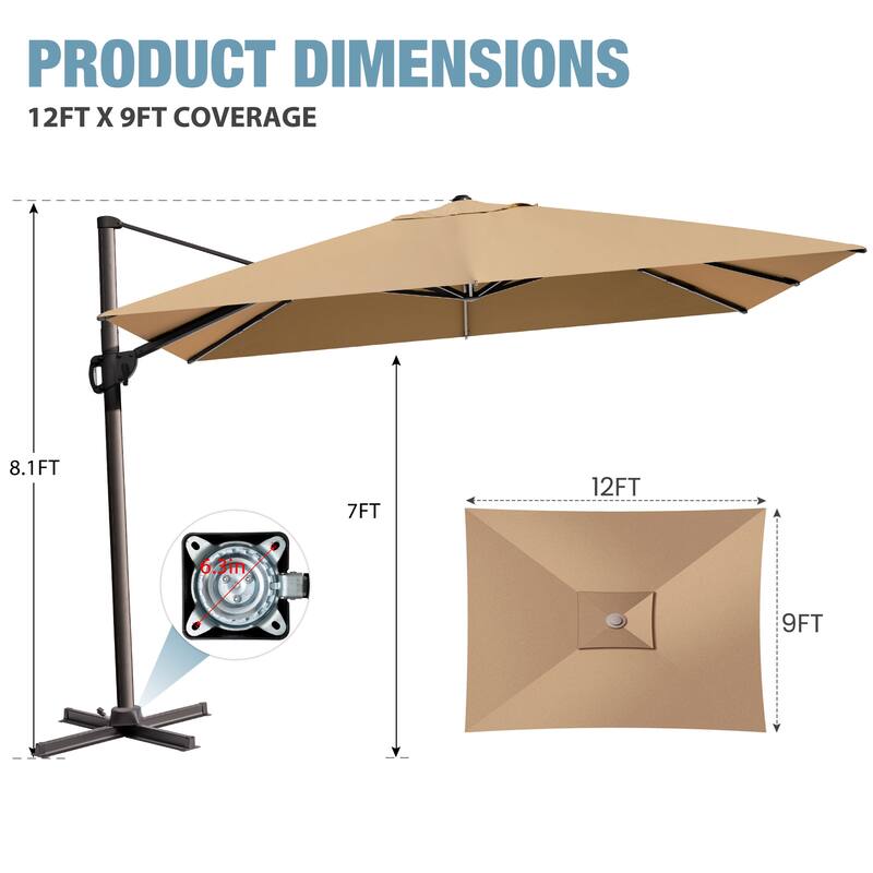 VredHom Outdoor Patio 9 FT x 12 FT Cantilever-Offset Umbrella