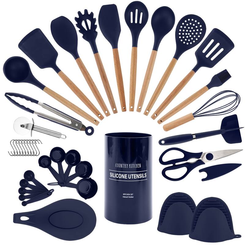 Country Kitchen Non Stick Silicone Utensil Set with Rounded Wood Handles for Cooking and Baking, 38 Piece Set - Blue