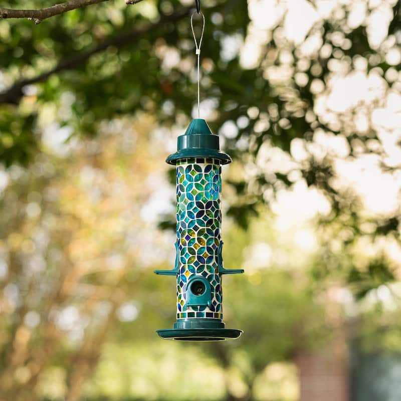 Glitzhome 20''H Tall Hanging Blue/Green Mosaic Birdfeeder