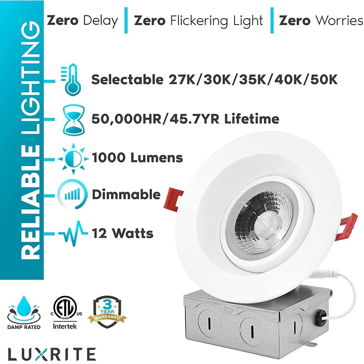 Luxrite 6 Ultra Thin LED Recessed Light with J-Box 12W 5 Color options Dimmable 1000 Lumens Black Trim
